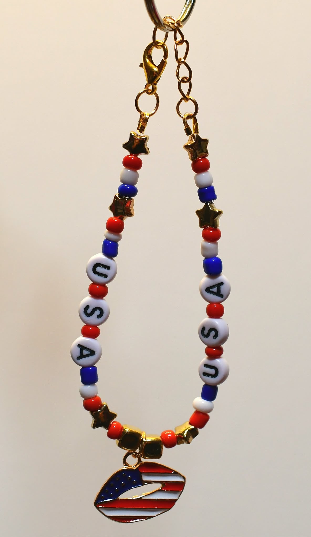 USA Patriotic Red, White, and Blue Flag Lips Charm Bracelet