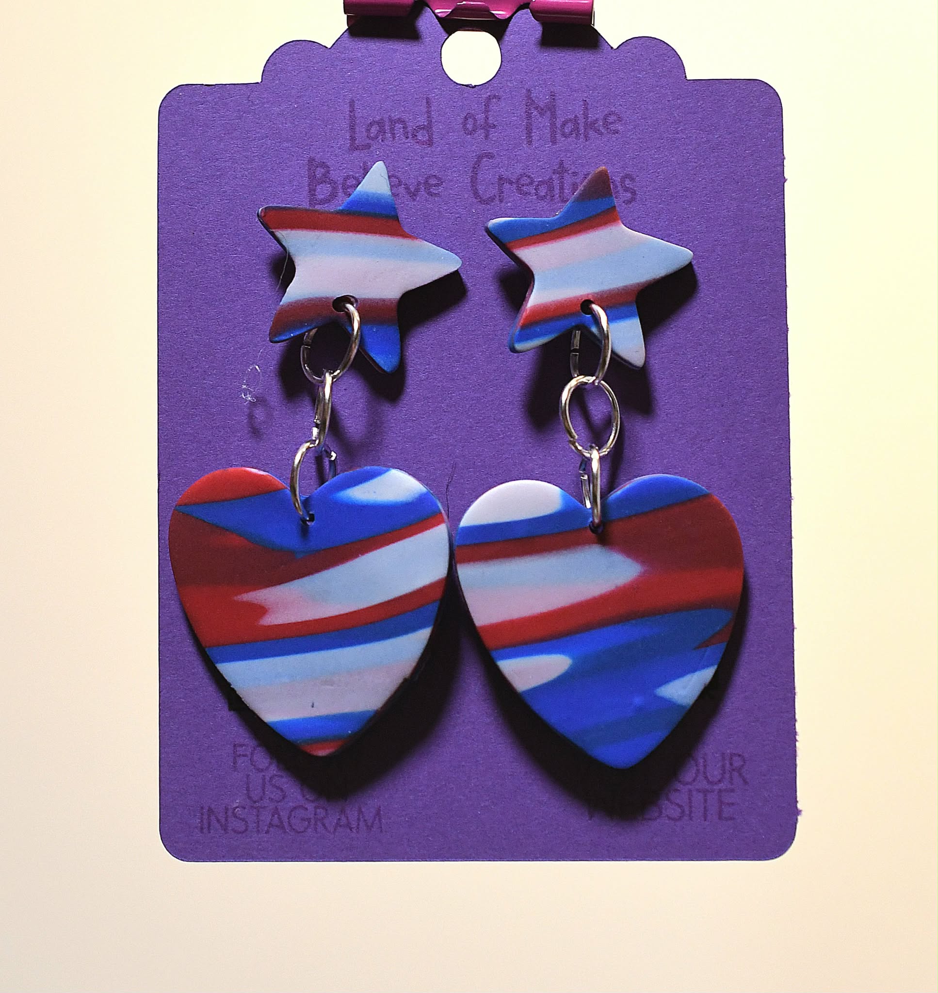Patriotic Red, White, and Blue Tie Dye Star and Heart Earrings
