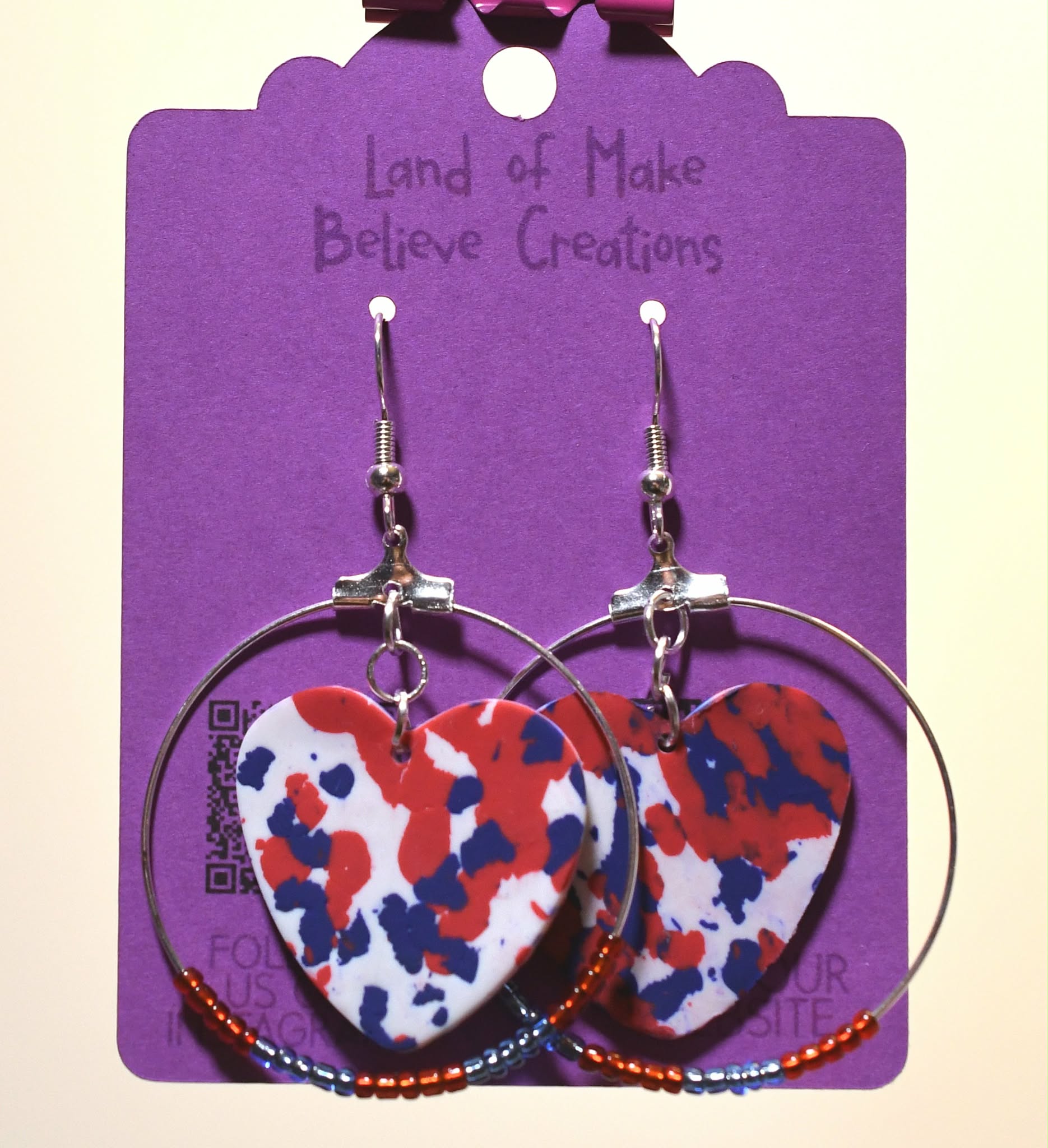 Patriotic Red, White, and Blue Hoop Earrings with Heart Charms
