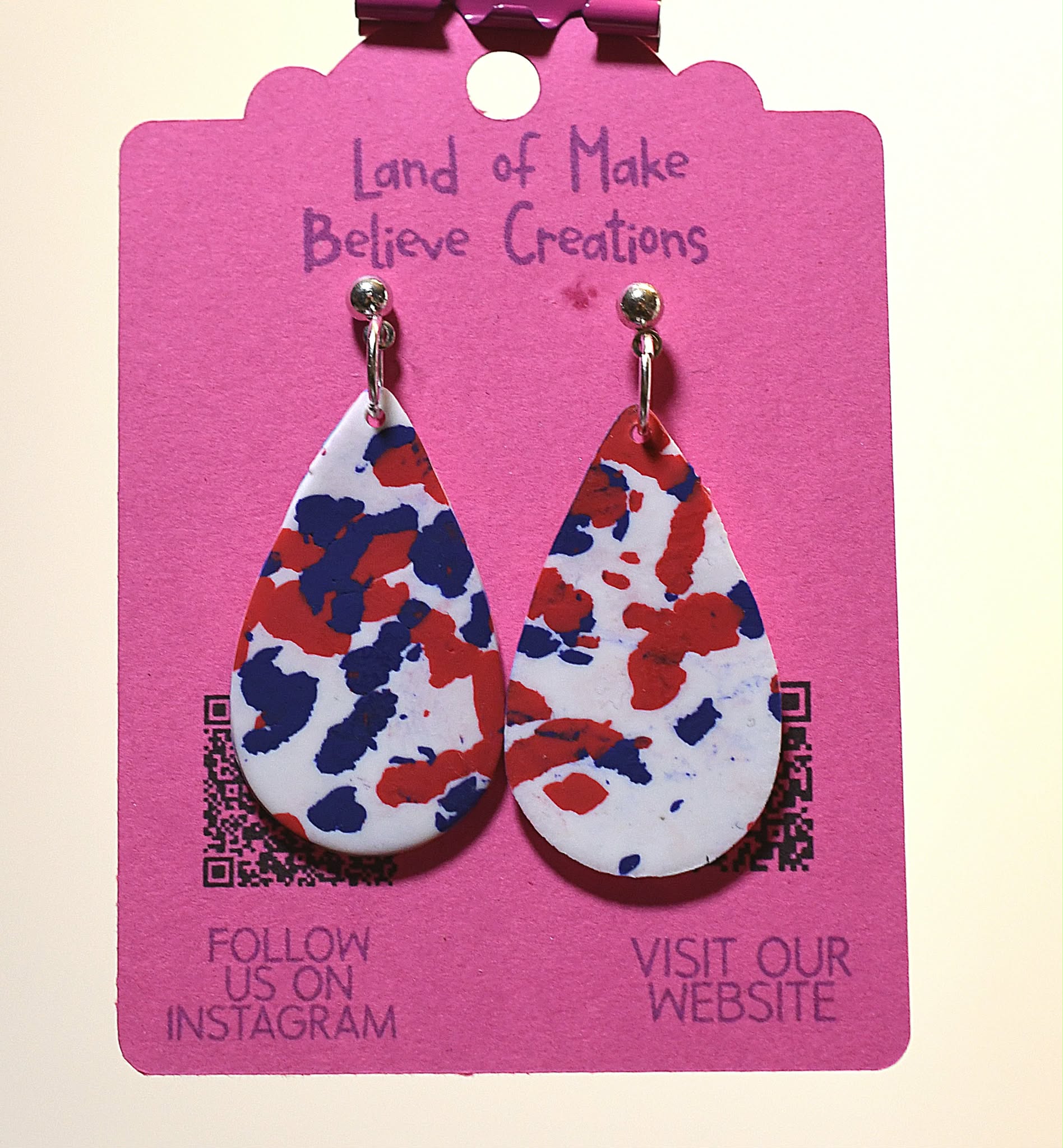 Patriotic Red, White, and Blue Tie Dye Teardrop Earrings